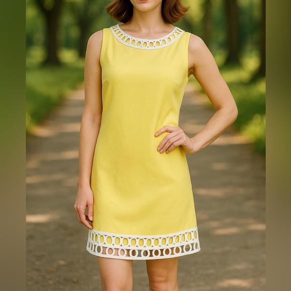 Lilly Pulitzer Butter Yellow Cotton Sleeveless Shift Dress White Lace Trim Sz 10 - Picture 1 of 10